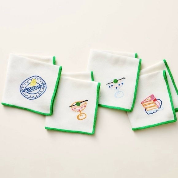 Kate Spade Embroidered Drink Napkins with Green Trim - Picture 2 of 4